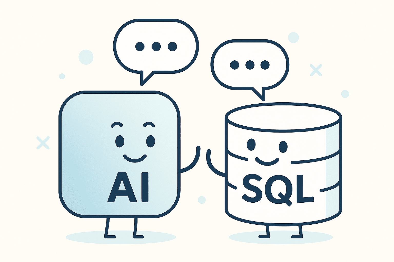Cartoon of AI and SQL as friendly characters chatting with speech bubbles.