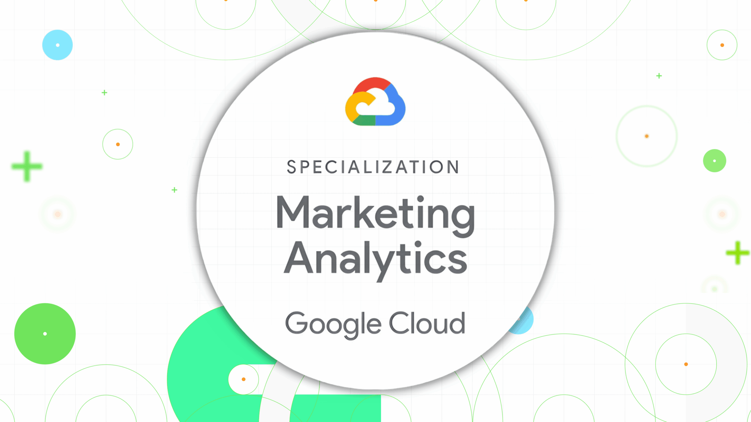 Google Cloud Marketing Analytics specialization badge with colorful geometric background elements and Google Cloud logo.